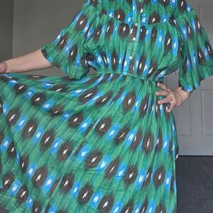Bella Tu Green Ikat Midi Dress Sequin Detail Cotton Size M NWT